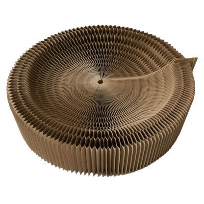 Foldable cardboard cat scratch lounge bed, top view of corrugated circular bowl