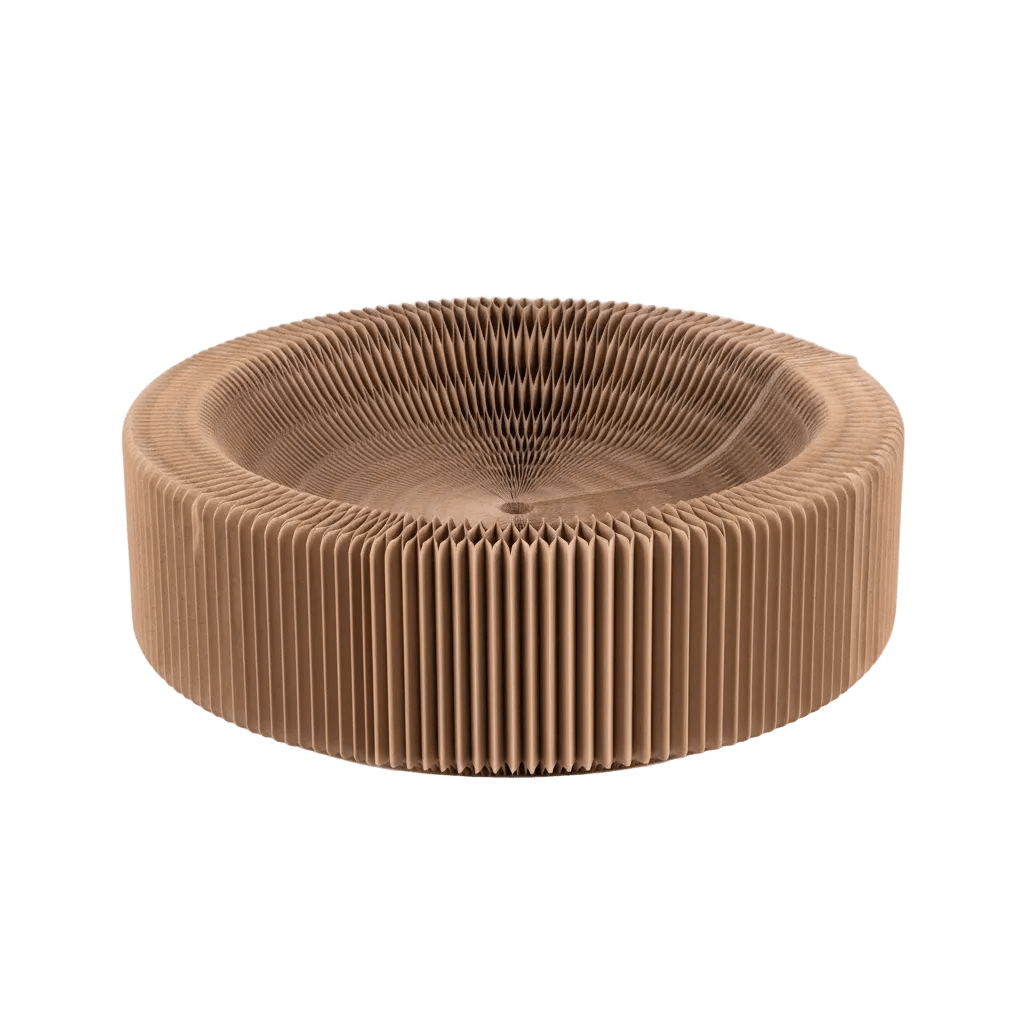Foldable cardboard cat scratch lounge bed, empty round corrugated cardboard bowl
