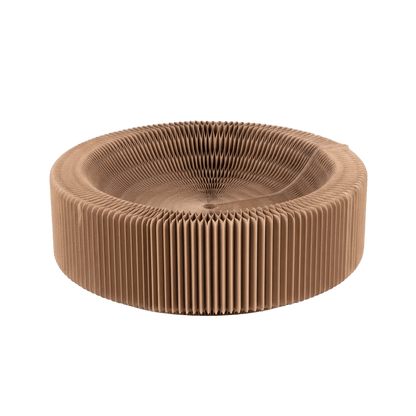 Foldable cardboard cat scratch lounge bed, empty round corrugated cardboard bowl