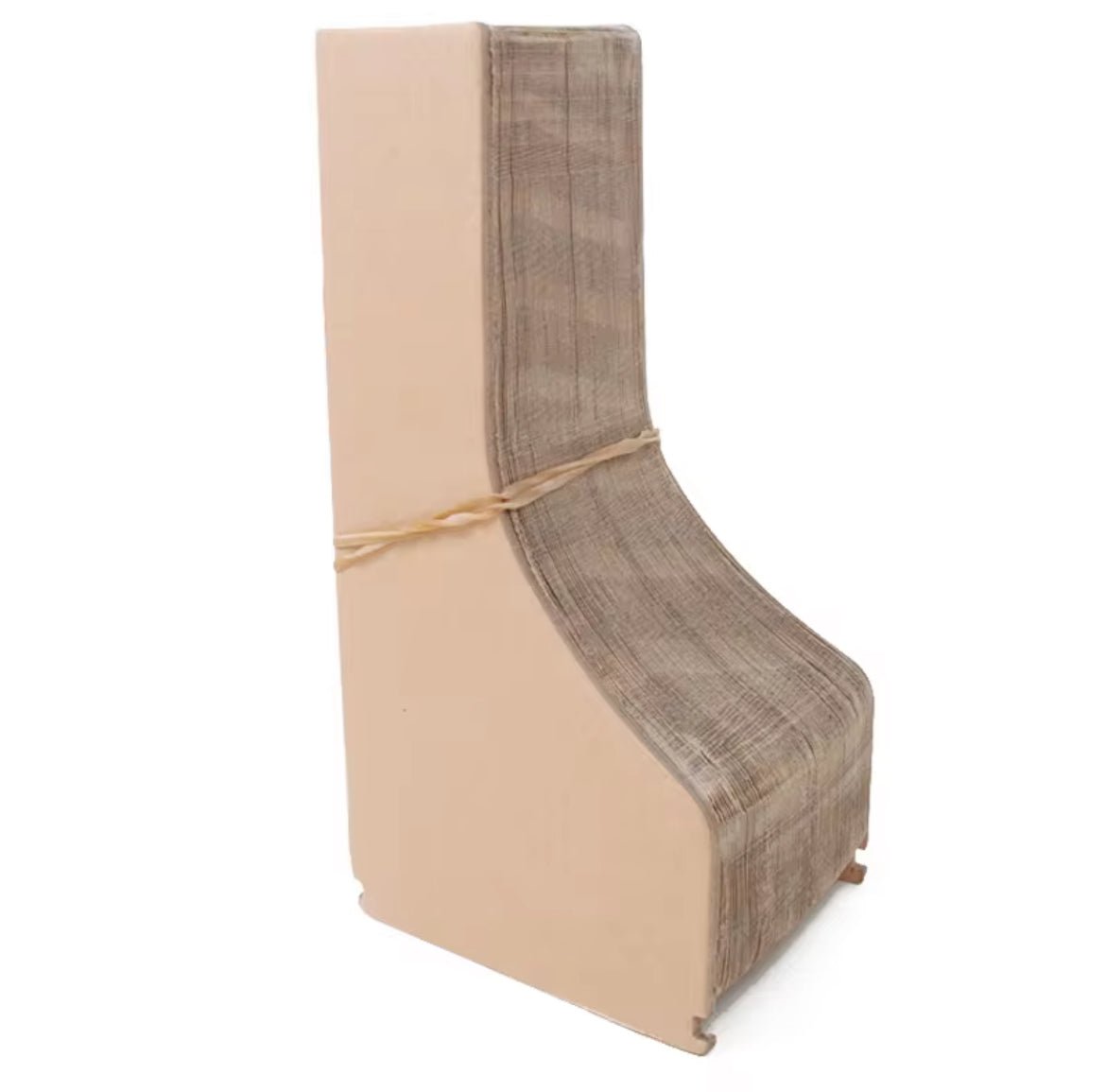Foldable cardboard cat bed, folded side view with gray fabric lining