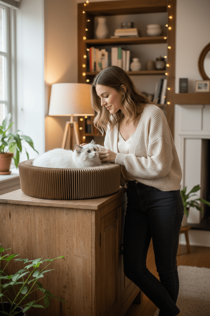 Round brown fluted cardboard cat scratch lounge bed on a table, cat inside