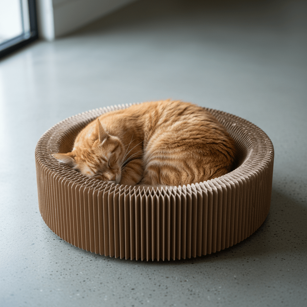 Foldable cardboard cat scratch lounge bed, orange-and-white cat curled up inside