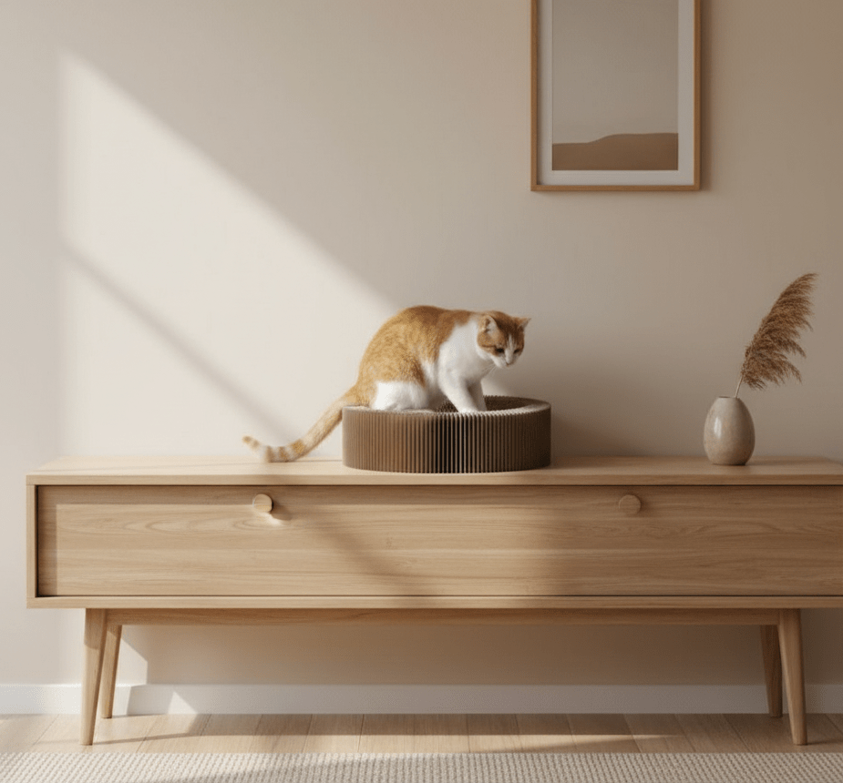 Foldable cardboard cat scratch lounge bed on tabletop, cat exploring the entrance