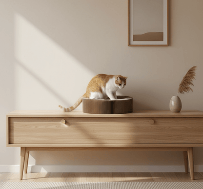 Foldable cardboard cat scratch lounge bed on tabletop, cat exploring the entrance