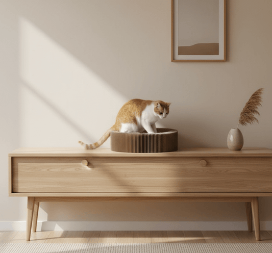 Foldable cardboard cat scratch lounge bed on tabletop, cat exploring the entrance
