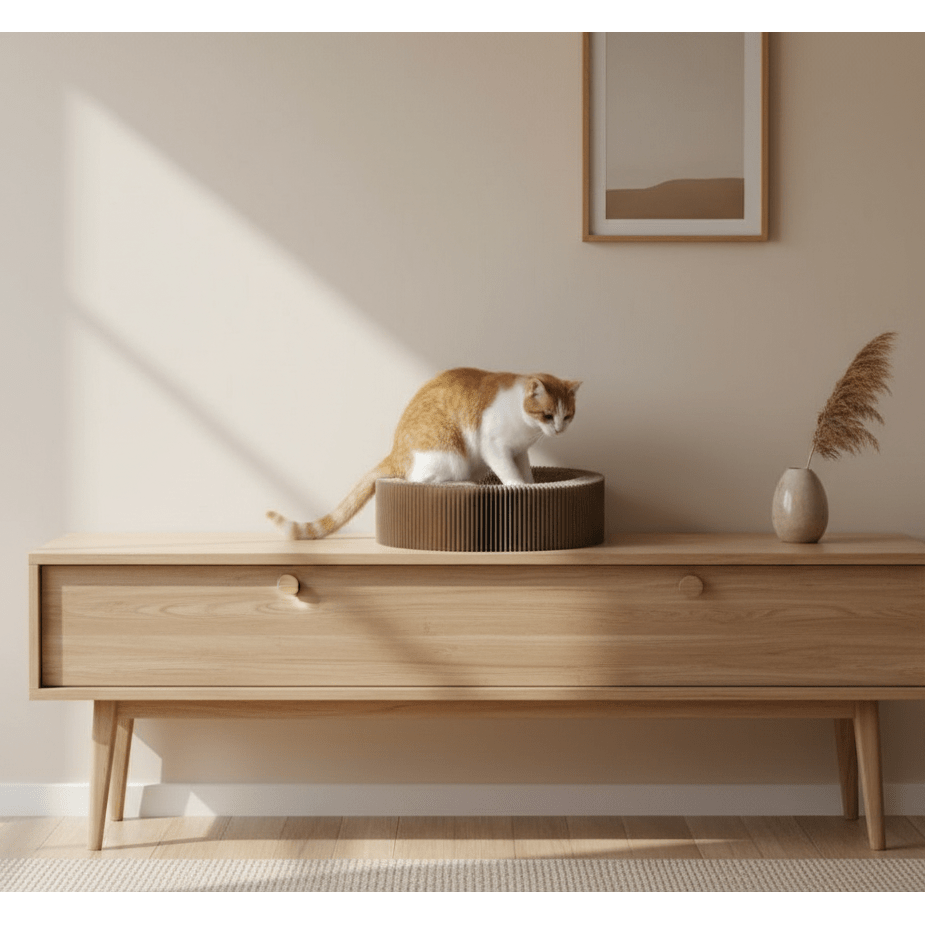 Foldable cardboard cat scratch lounge bed on tabletop, cat exploring the entrance