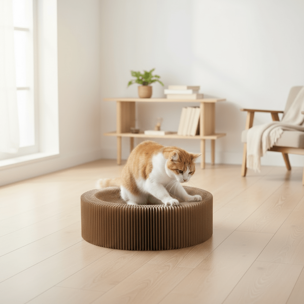 Foldable cardboard cat scratch lounge bed on floor, orange-and-white cat resting inside