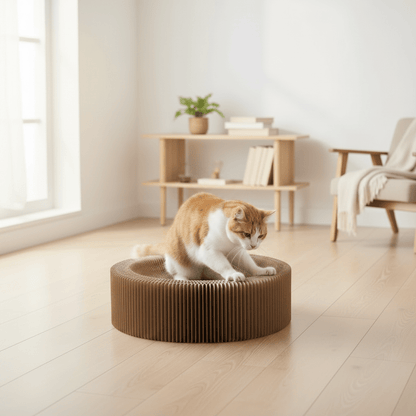 Foldable cardboard cat scratch lounge bed on floor, orange-and-white cat resting inside