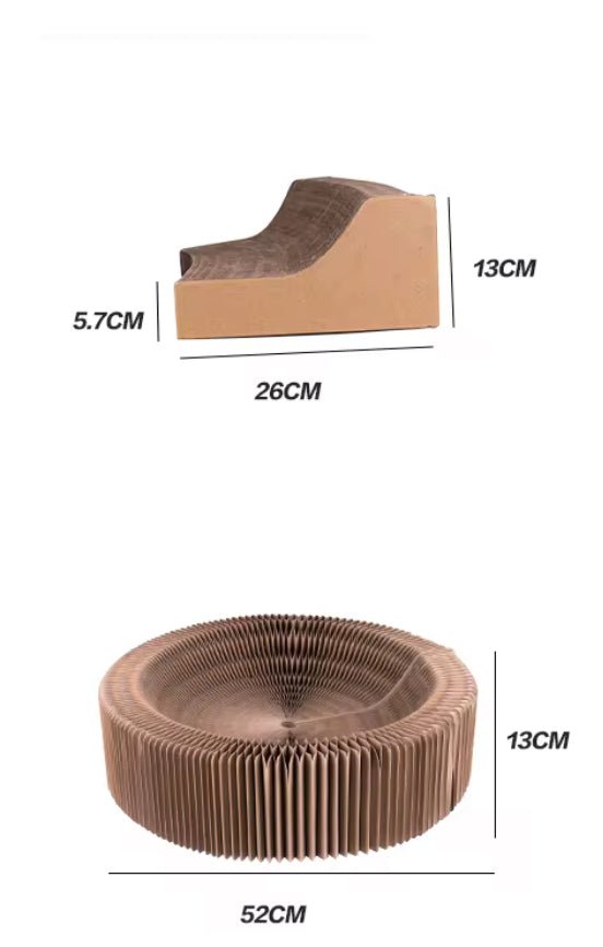 Foldable cardboard cat bed size diagram, round lounge dimensions shown