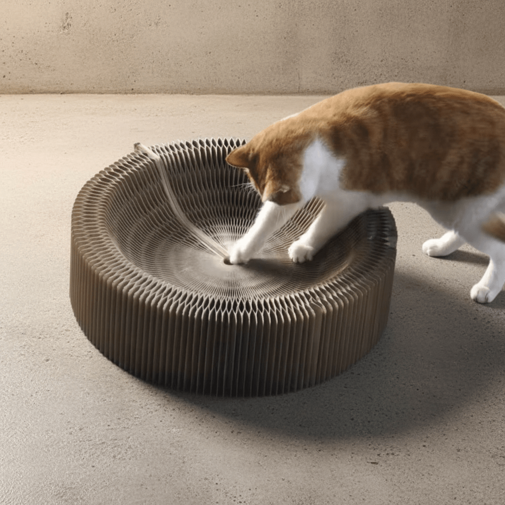 Foldable cardboard cat scratch lounge bed, white-and-brown cat scratching inside