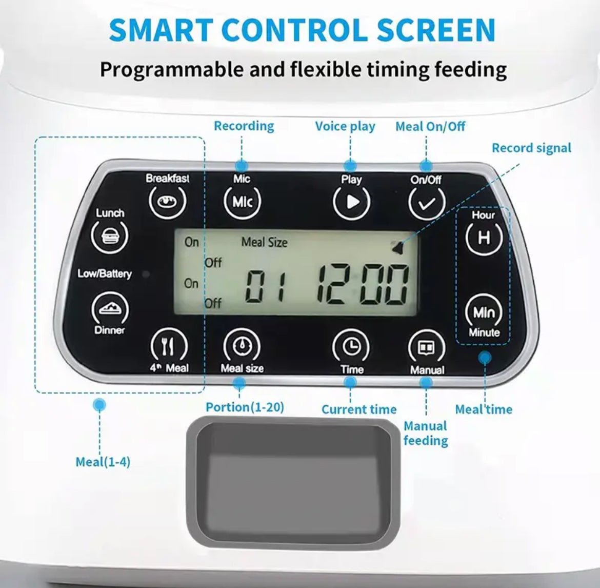 Automatic cat feeder with smart control screen and LCD meal timing display
