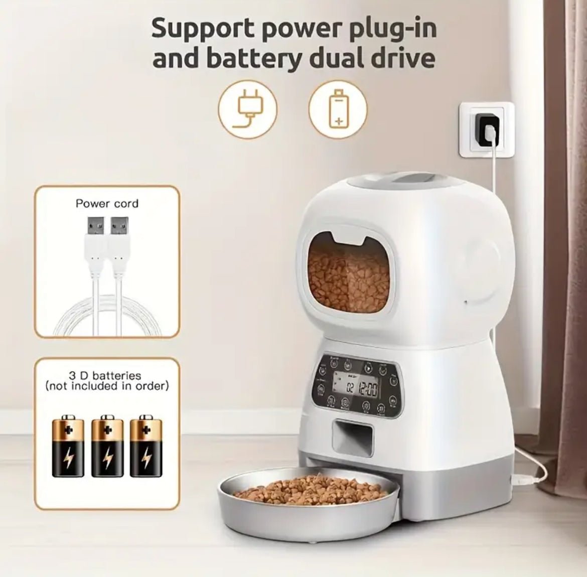 Smart cat food dispenser shown with power cord and battery backup capability