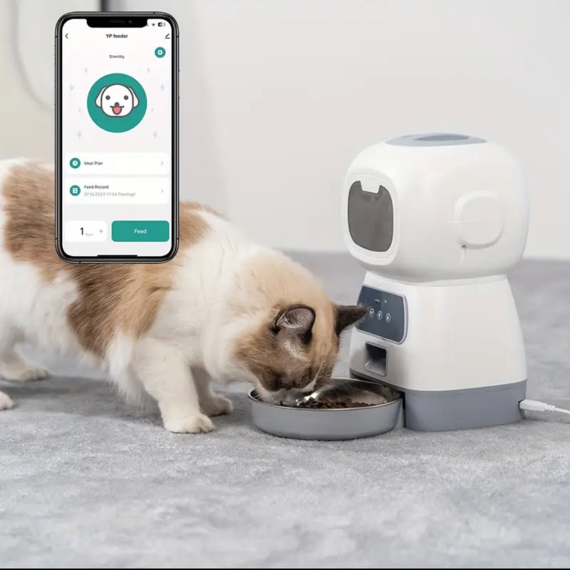 Smart automatic cat food dispenser, white with bowl and WiFi app control on phone