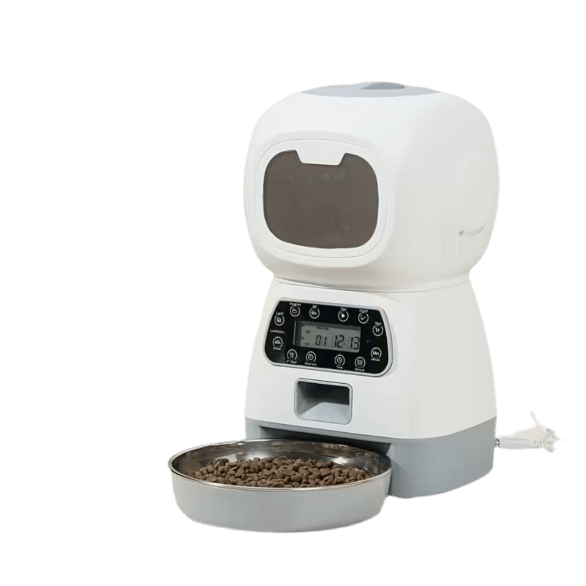 White automatic cat food dispenser with open feeding bowl and control panel