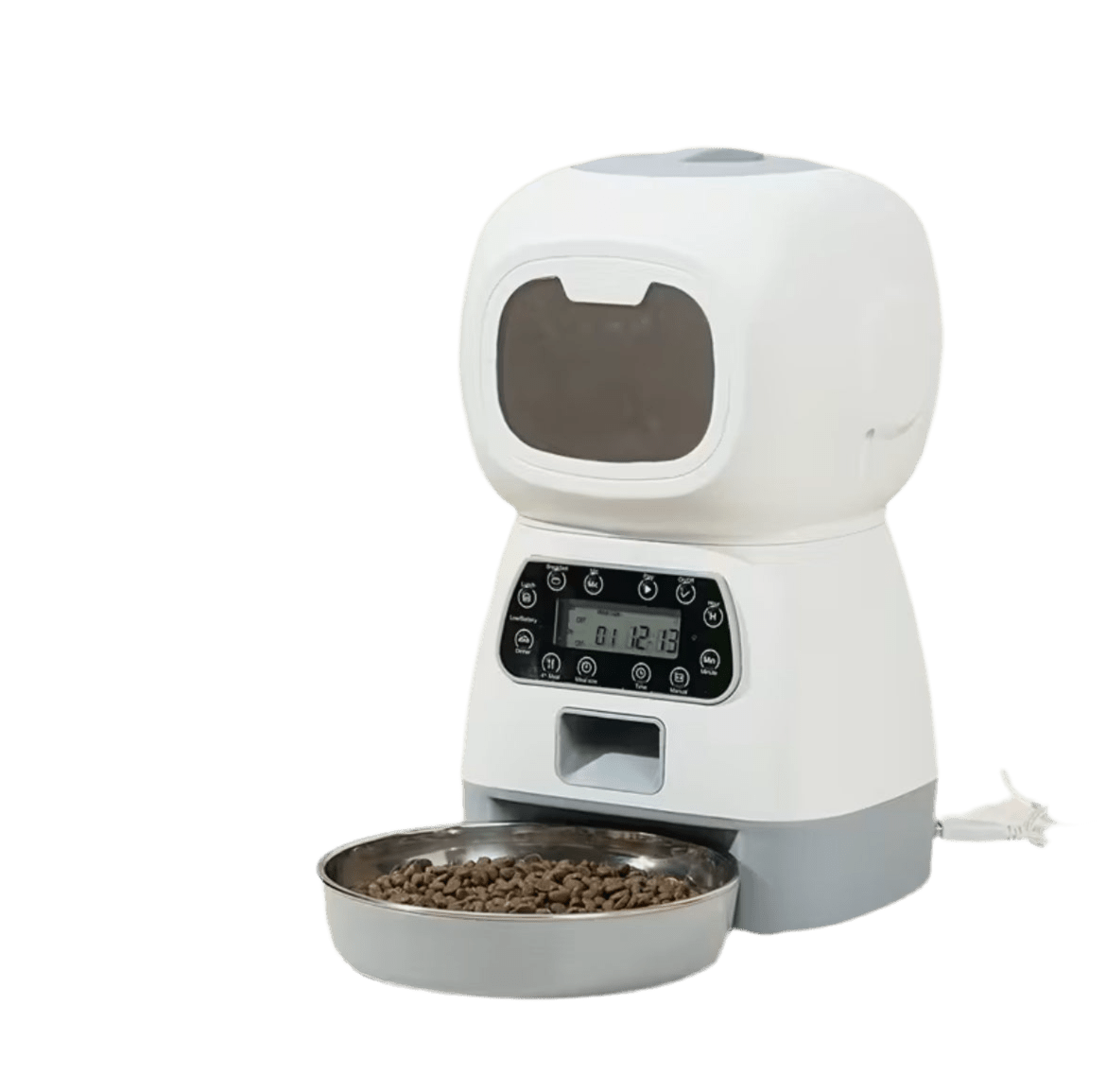 White automatic cat food dispenser with open feeding bowl and control panel