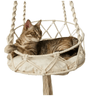 Macramé hanging cat hammock with cushion, holding a tabby cat