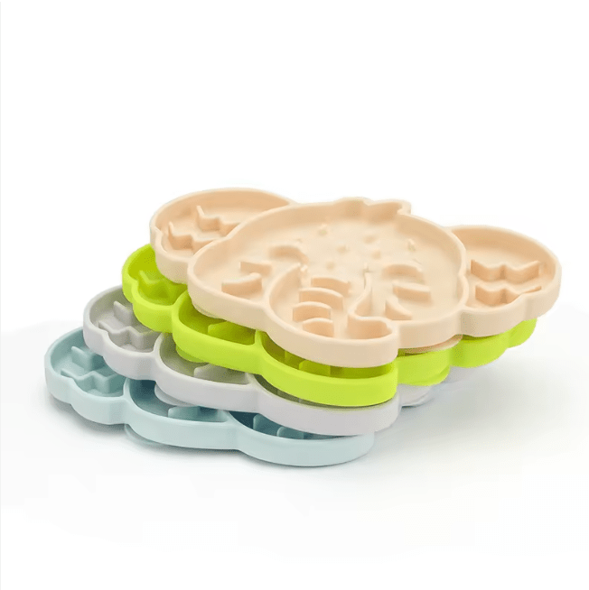 Elephant silicone slow feeder mat set stacked in pastel colors with raised face and cups