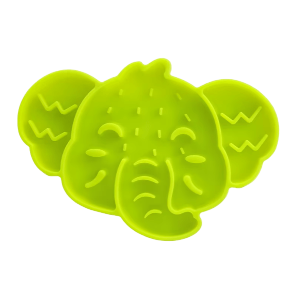 Elephant silicone slow feeder mat in bright green with raised face texture and side zigzags