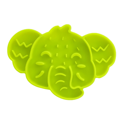 Elephant silicone slow feeder mat in bright green with raised face texture and side zigzags