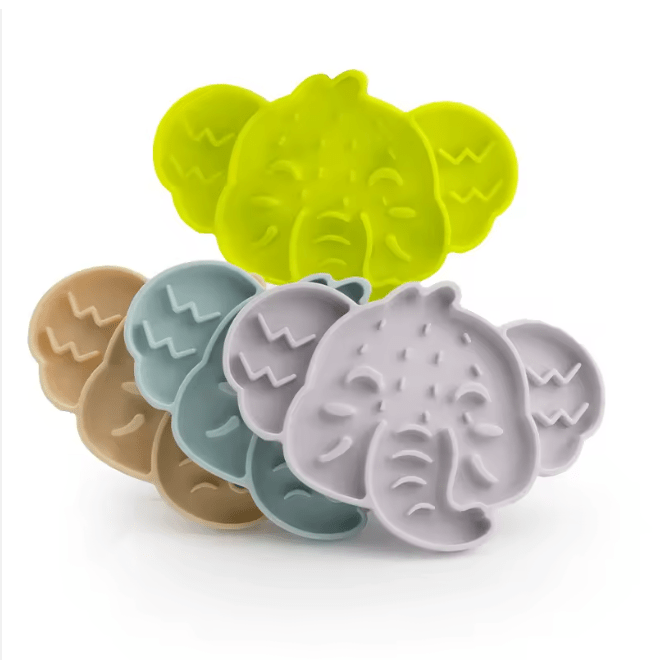 Elephant silicone slow feeder mat set in lime, blue, brown, and light gray with bumps