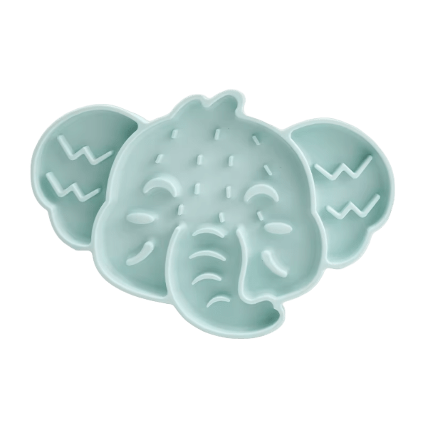 Elephant-shaped silicone slow feeder mat for cat bowls, blue with raised maze bumps