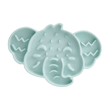 Elephant-shaped silicone slow feeder mat for cat bowls, blue with raised maze bumps