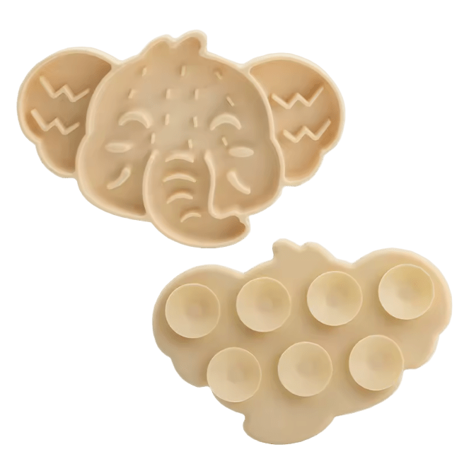 Elephant silicone slow feeder mat in beige with raised face and paw-shaped cup sections