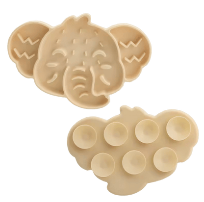 Elephant silicone slow feeder mat in beige with raised face and paw-shaped cup sections