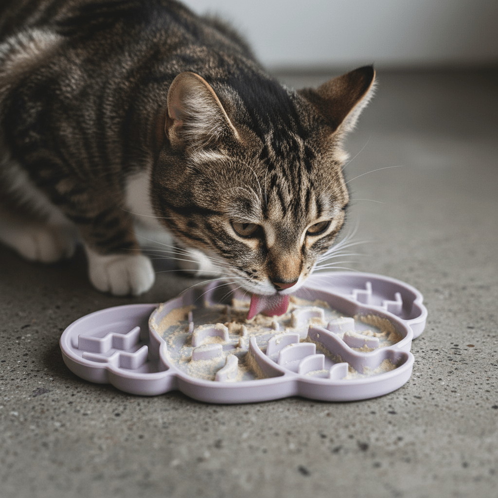 Cat eating from elephant-shaped silicone slow feeder mat with raised feeding sections