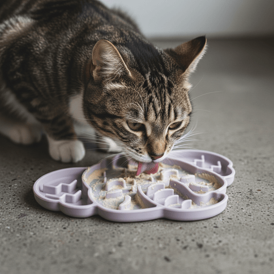 Cat eating from elephant-shaped silicone slow feeder mat with raised feeding sections