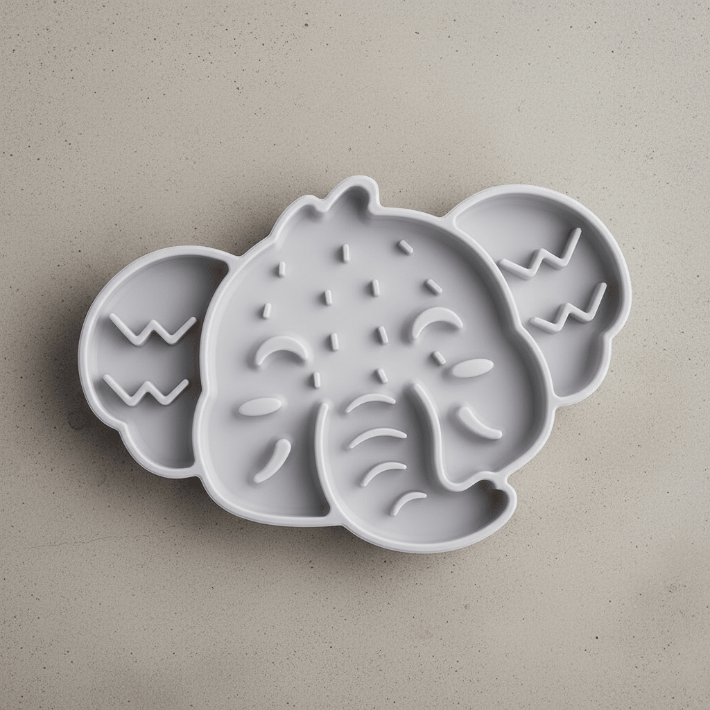 Elephant-shaped silicone slow feeder mat for cat bowls, gray with raised maze bumps