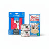 The First Feast kitten bundle with LickiMat Kitty, two Kit Cat Kitten Mousse cans and an INABA Churu Kitten four-pack on ivory display blocks.
