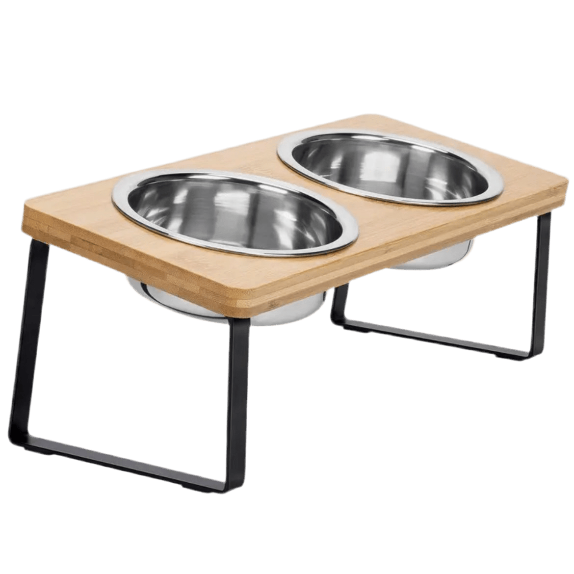Elevated cat feeder with two stainless steel bowls on light wood stand and black legs