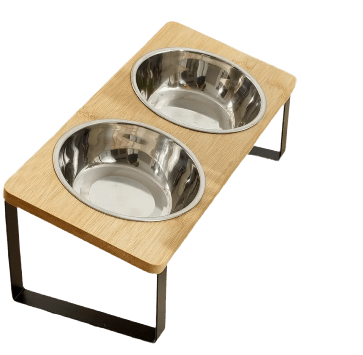 Two stainless steel pet bowls in light wood elevated feeder with black metal frame