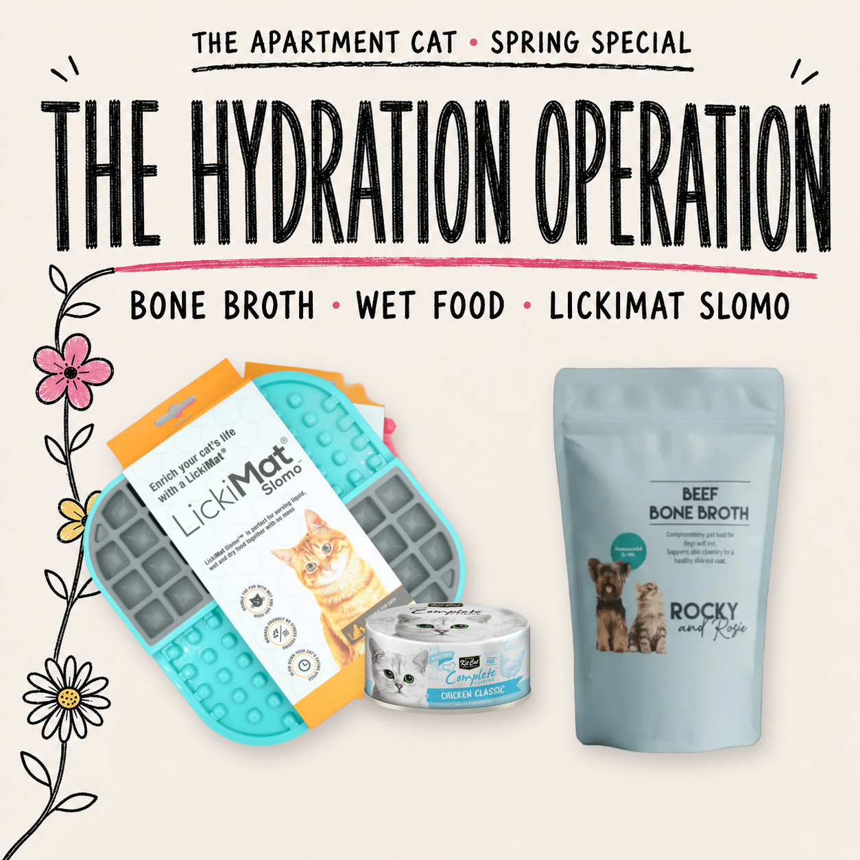 The Hydration Operation bone broth wet food and LickiMat Slomo spring special