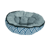 Reversible plush oval kitten bed, light gray inner cushion and blue striped wave exterior