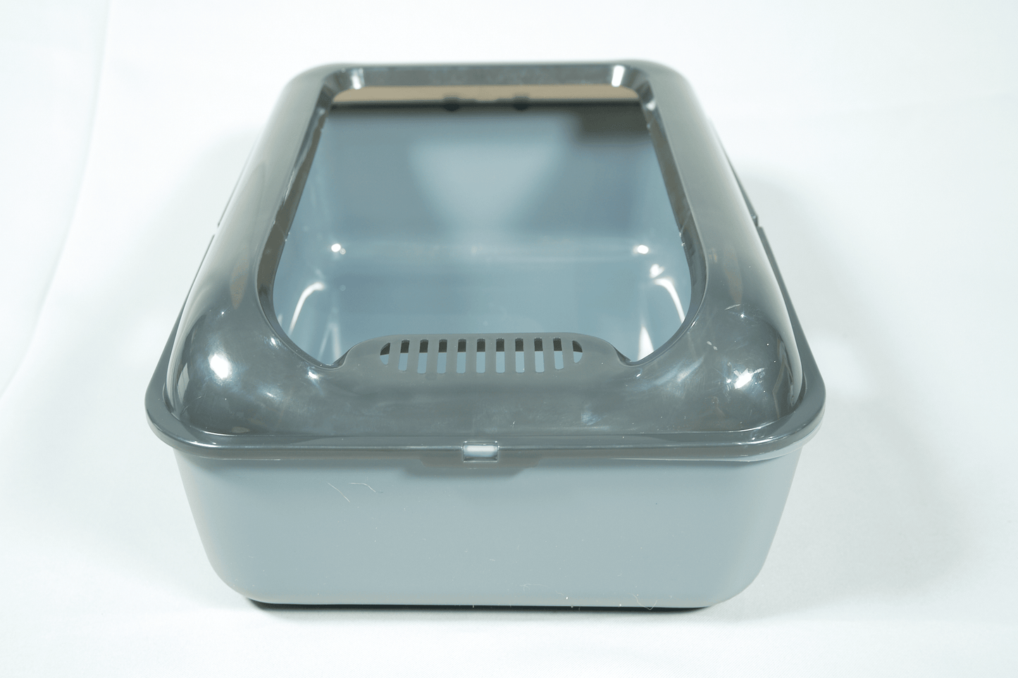 Light blue cat litter box with dark gray lid, front view