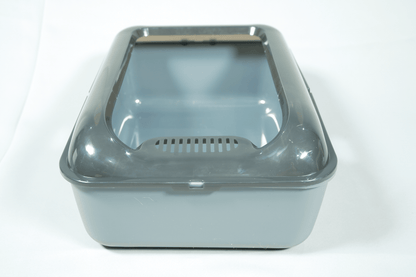 Light blue cat litter box with dark gray lid, front view
