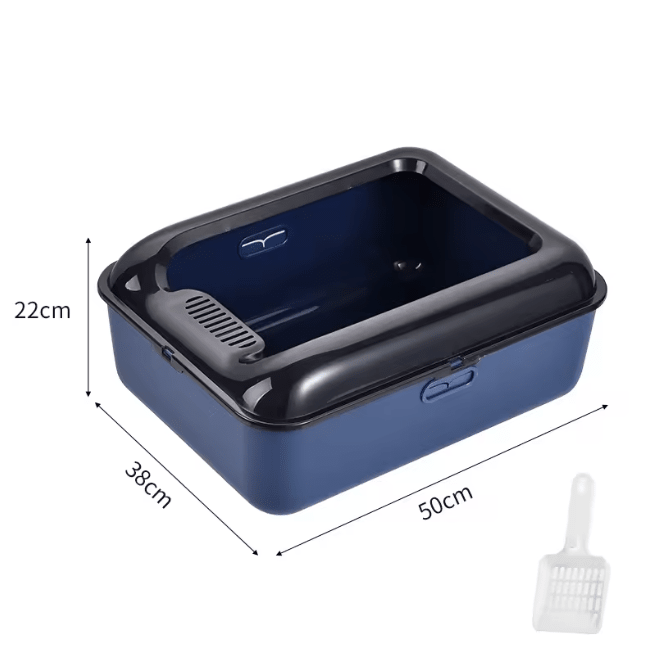 Blue cat litter box, open top, with built-in scoop holder