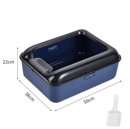 Blue cat litter box, open top, with built-in scoop holder