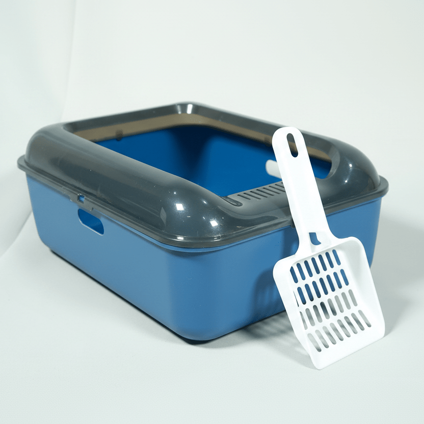 Blue cat litter box with dark gray lid and white scoop