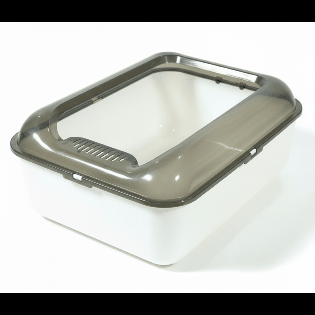 White cat litter box with dark gray top panel and built-in grate