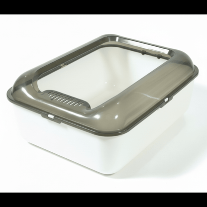 White cat litter box with dark gray top panel and built-in grate