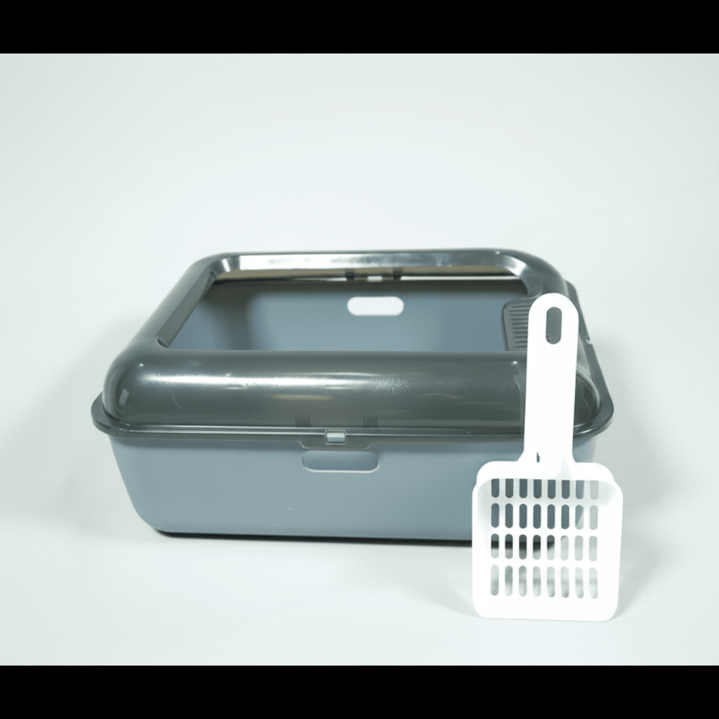Light grey semi-covered kitten litter box with scoop