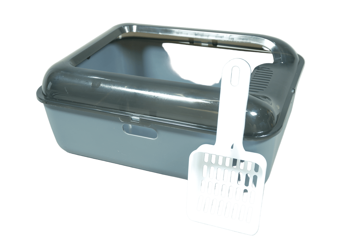 Light gray cat litter box with dark gray lid and white scoop