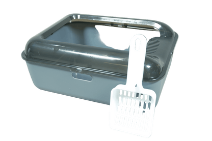 Light gray cat litter box with dark gray lid and white scoop