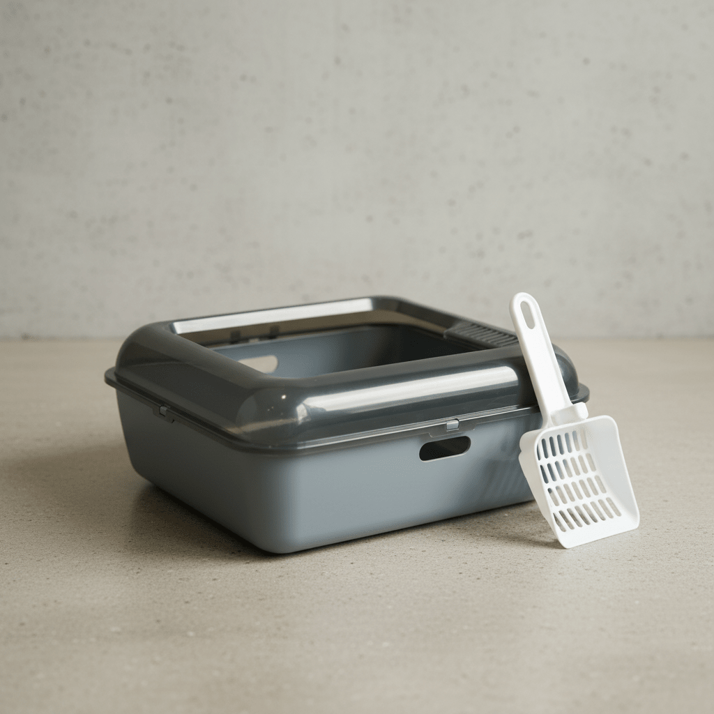 Gray-blue cat litter box with scoop set beside the open tray