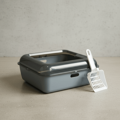 Gray-blue cat litter box with scoop set beside the open tray