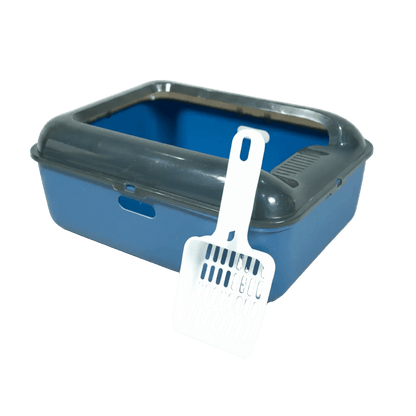 Blue cat litter box with dark gray lid and white scoop