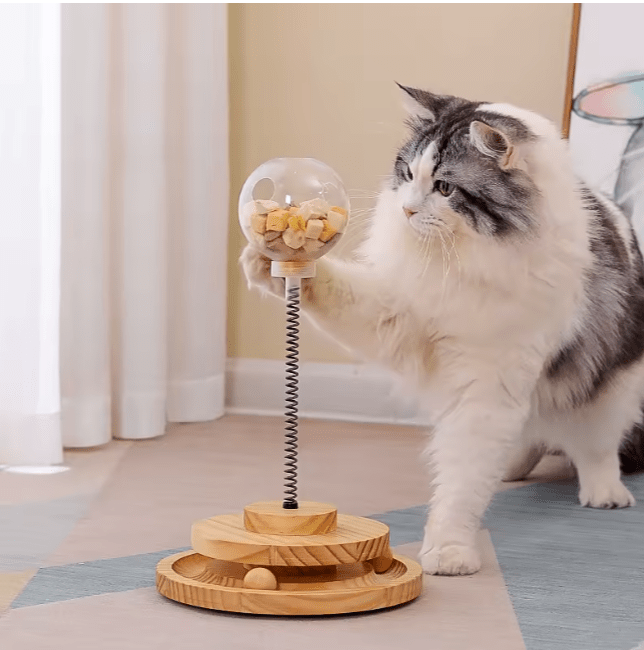 Interactive cat treat dispenser with clear top, spring, and wooden slow-feeder tray; cat